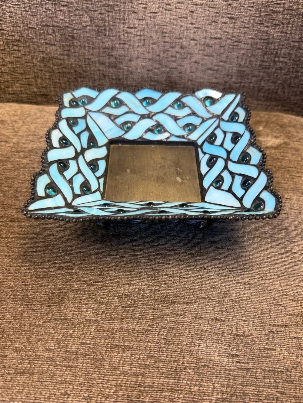 Retired PartLite Spring Water Pillar Candle Holder Tiffany-Style Blue Glass